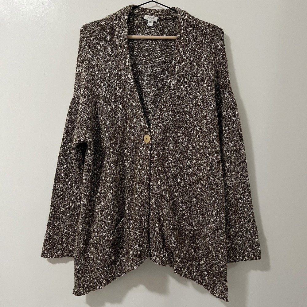 Pure Jill Womens Large Brown Marled Knit Single Button Sharkbite Cardigan